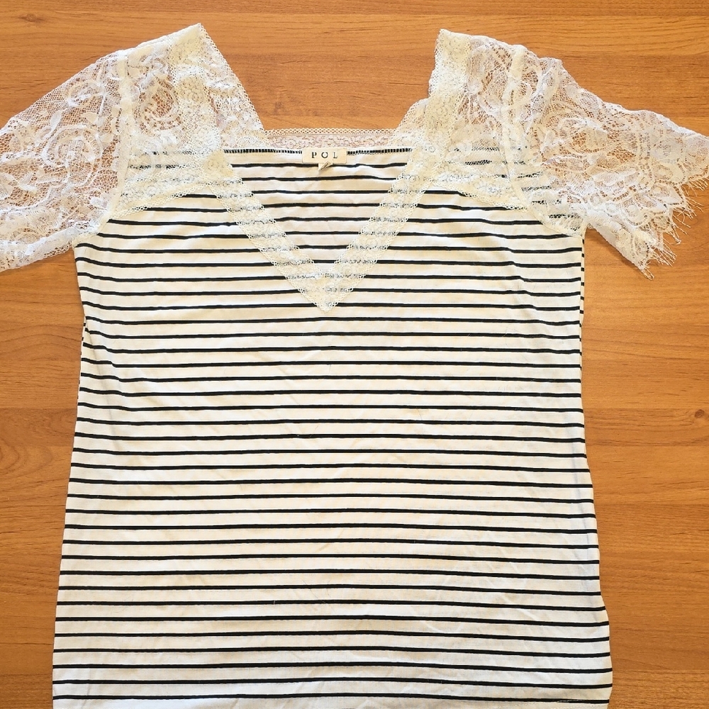 POL Women's Lace Sleeve Striped Blouse - Black and Cream
